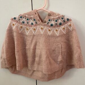 Peek Baby Pink Hooded Poncho With Pocket and Boho Trim